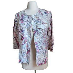 Chico's 100% Linen Jacket Women 1‎ M 8 Paisley Zipper Pockets Lightweight Pink